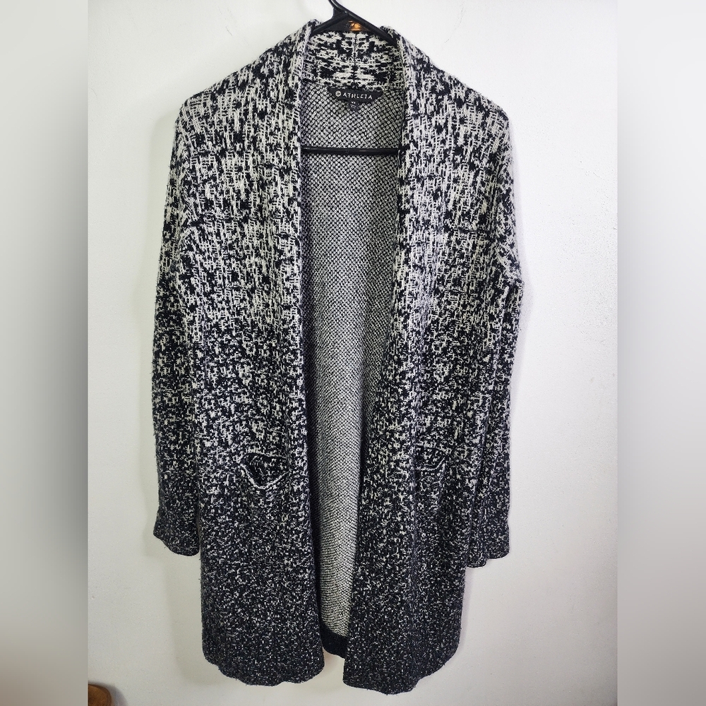 Wool Cashmere Long Open Front Pocket Cardign, XS-S, White Black Ombre